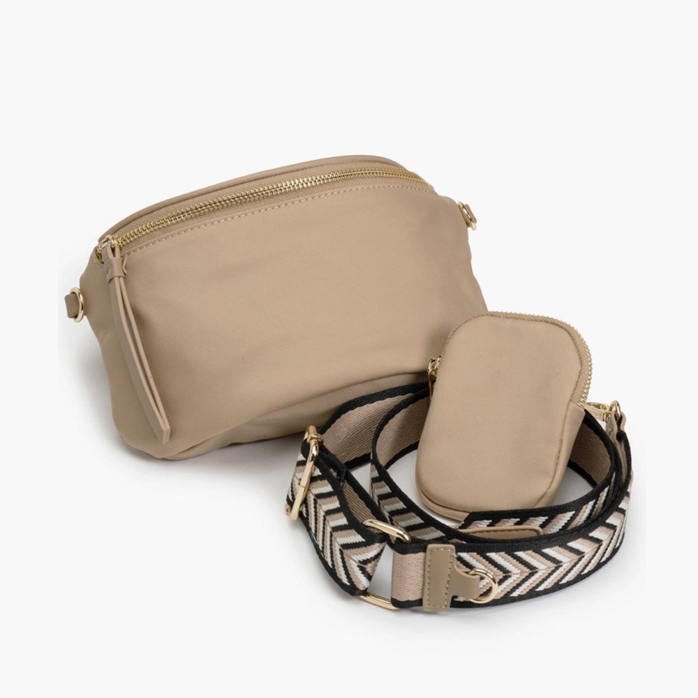 Beige Crossbody Bag with Detachable Patterned Strap - Picture 2 of 16